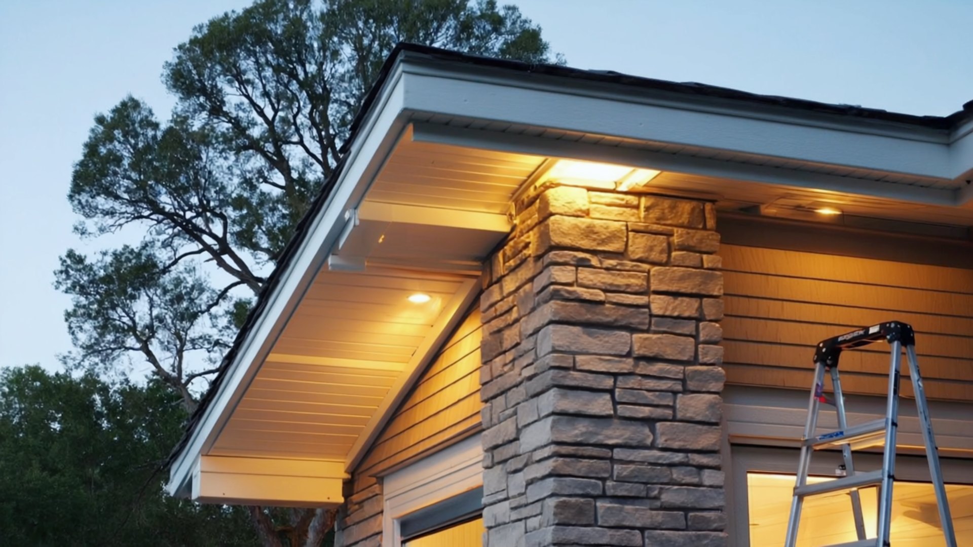 The eave and roofline of an East Bay home at dusk with a ladder against the wall