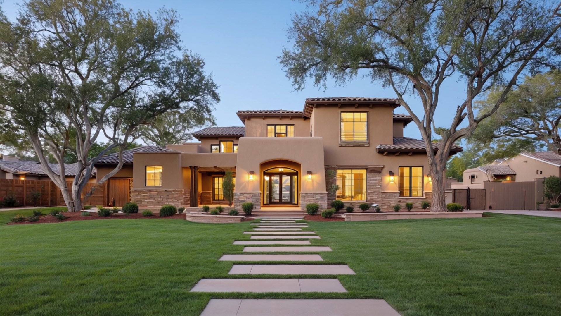 An East Bay home at dusk with warm light in the windows