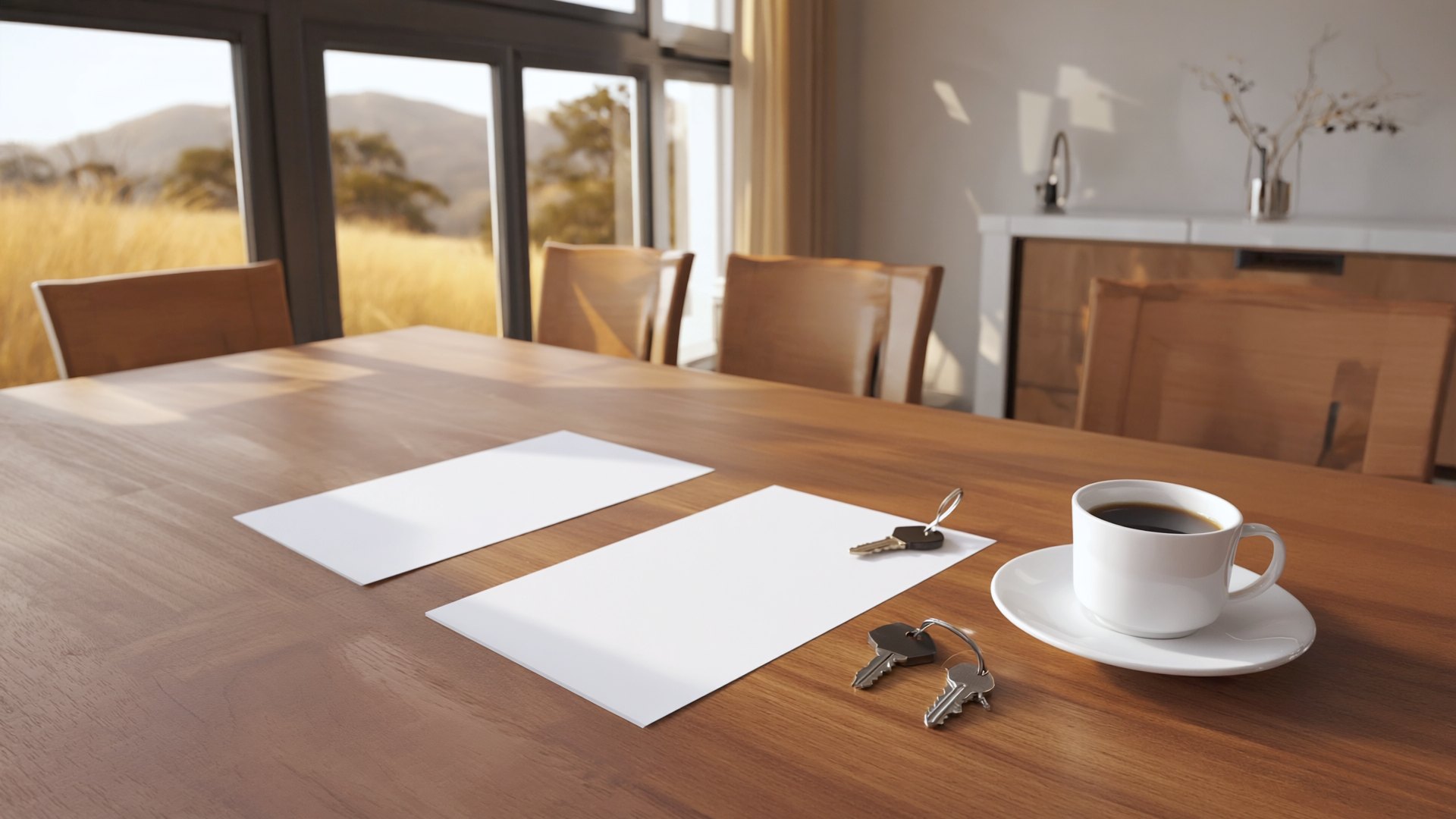 A table set with paperwork, house keys and a cup of coffee in morning light