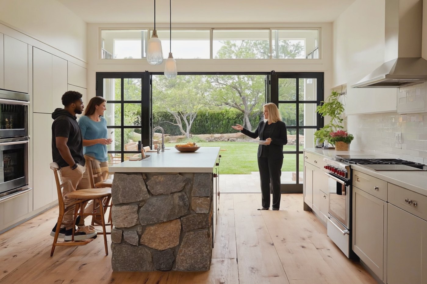 A couple touring an open house while the listing agent shows them the garden