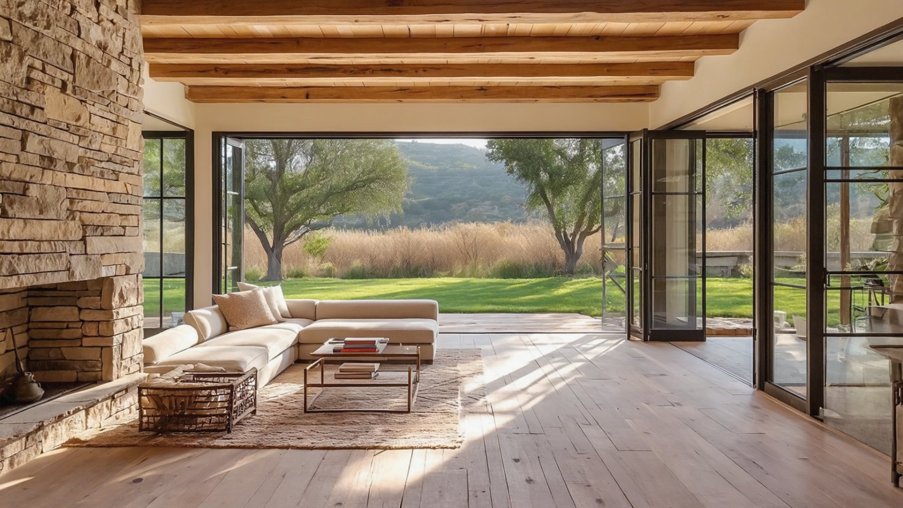 A Danville great room with a stone hearth, open to the lawn and the East Bay hills