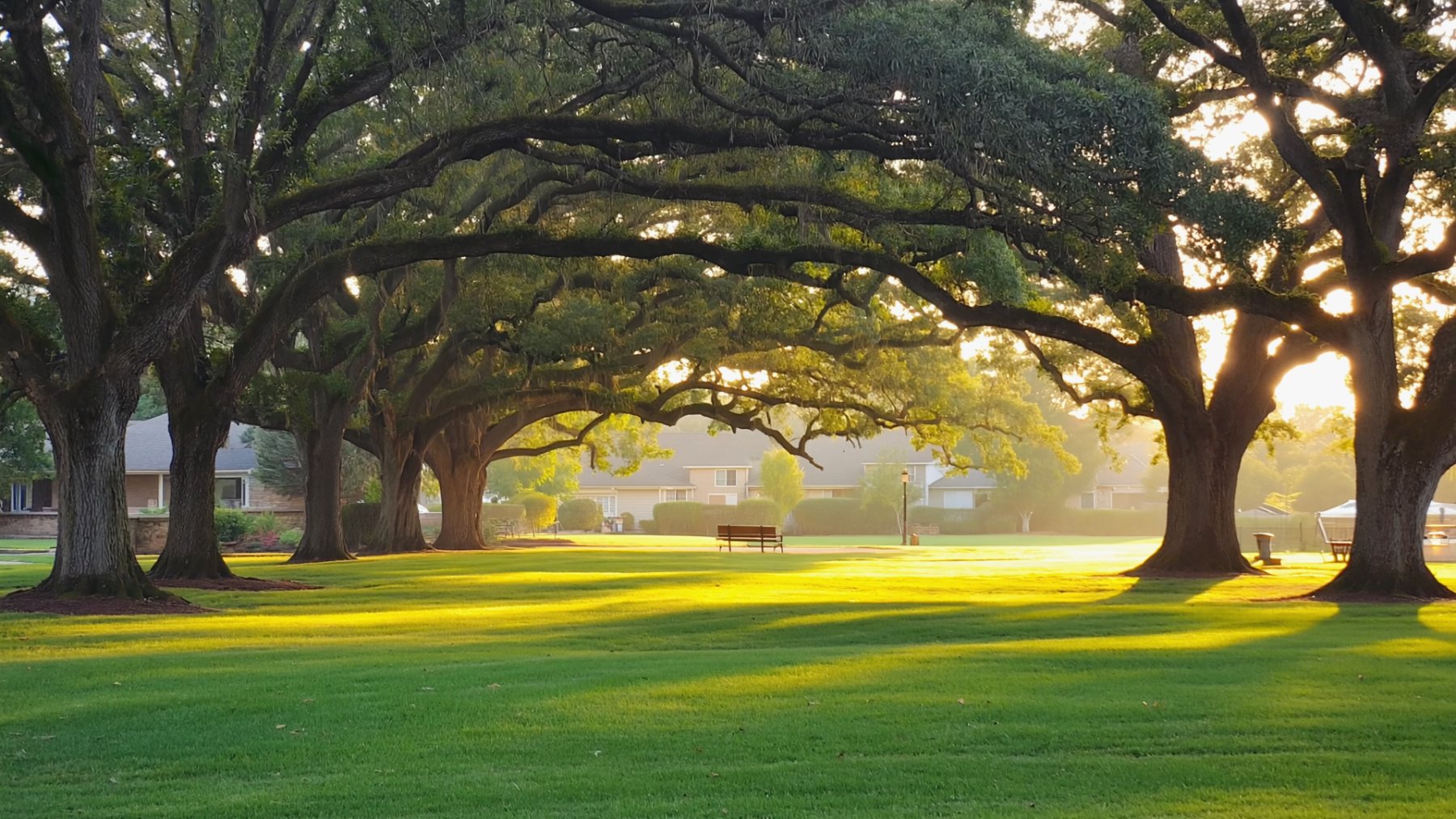 A neighborhood greenbelt shaded by mature valley oaks in the East Bay