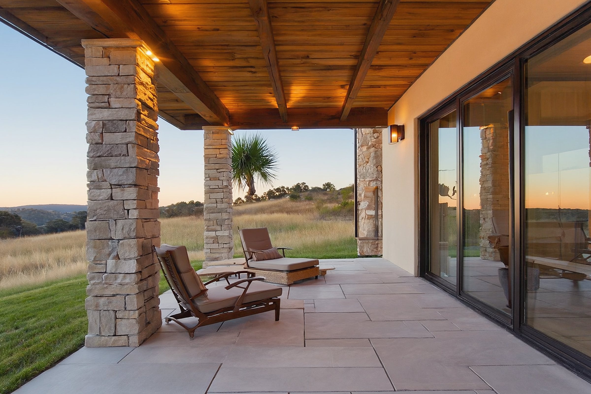 Covered stone patio of an East Bay home at golden hour looking out over golden grass hills