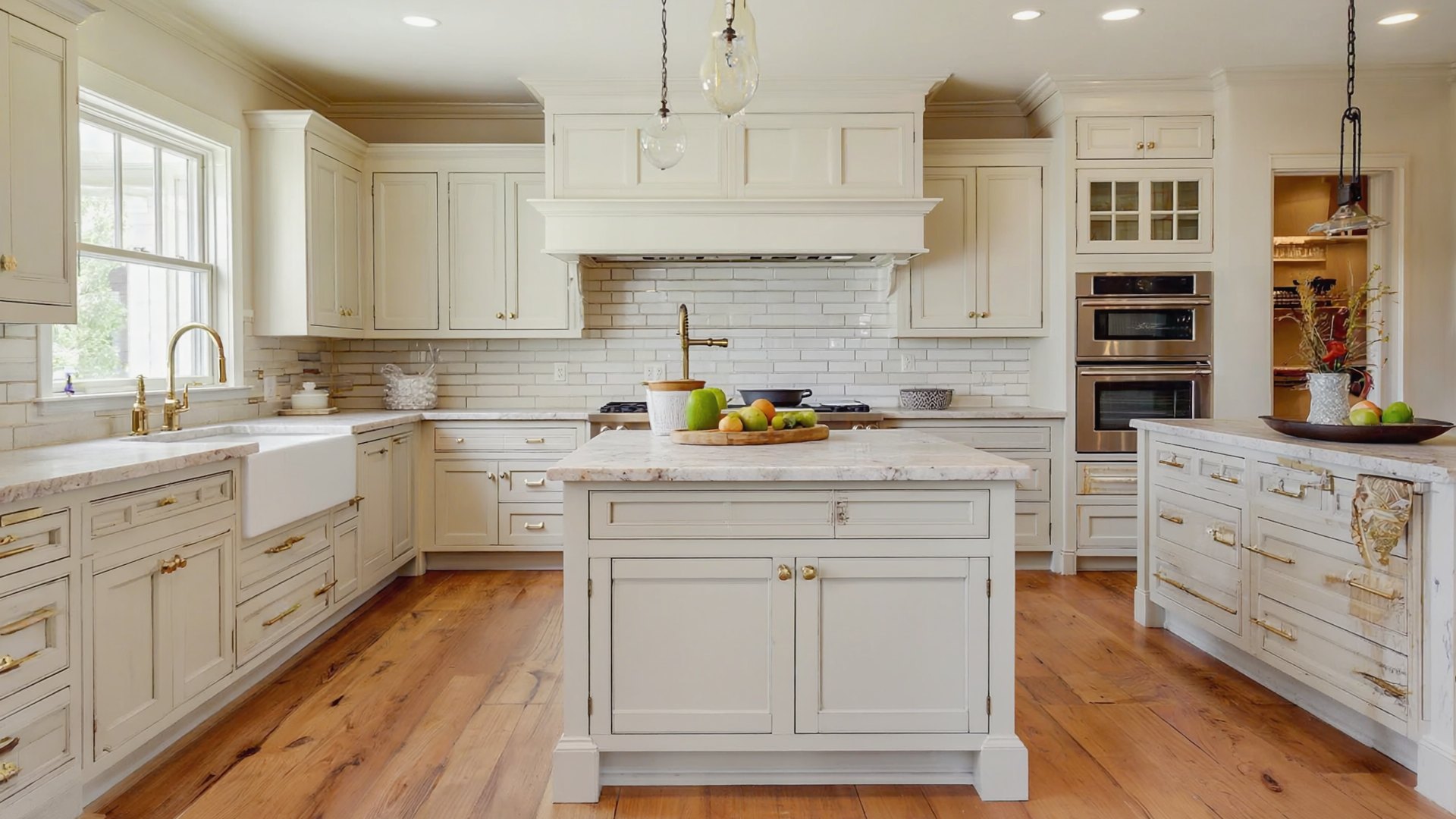 A renovated East Bay kitchen with white cabinetry, a white oak island and brass hardware, photographed in morning light