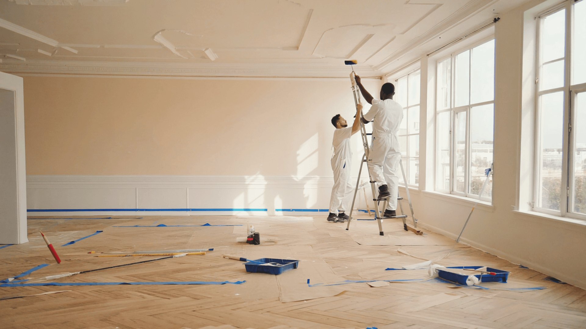 Professional painters preparing an East Bay living room before it goes on the market
