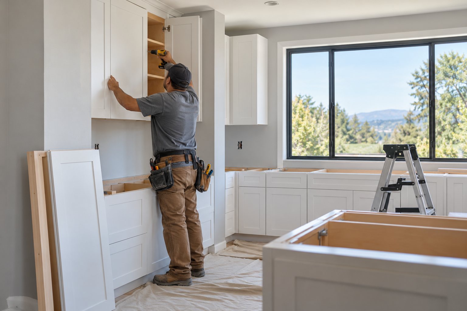 A contractor installing white cabinets in a kitchen renovation